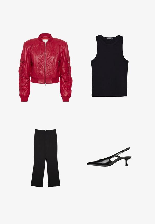 Gestuz ZANIA - Usnjena jakna - haute red; Črna majica brez rokavov iz bombaža, z okroglim izrezom in širokimi odprtinami za roke. Gladka tekstura s šivi na robovih. Klasičen, minimalističen dizajn.; Črne hlače ravnega kroja z naglavnimi žepi in stranskimi razporki na robu. Narejene iz mehke, gladke tkanine. Primerne za različne priložnosti.; Črne patentični usnjeni salonarji s slingback designom, z zašiljenim nosom, izrezanim stranskim dizajnom in majhnim kvadratnim peto. Gladka tekstura z minimalnimi detajli.