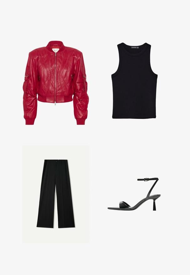 Gestuz ZANIA - Skinnjacka - haute red; Svart linne i bomull, med rund halsringning och breda armhål. Slät yta med sydda fållar. Klassisk, minimalistisk design.; Bershka WIDE - Tygbyxor - black; Bershka Sandaletter - black