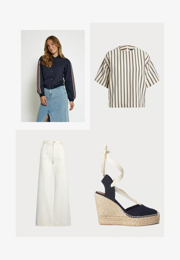 Jūras kara flotes bumbvedēja jaka ar pogu aizdari, ar sarkaniem un baltajiem svītrām uz piedurknēm. Mīksts audums, ribota apakšmala un īsā garumā.; Kreklus, svītrainā blūze ar īsām piedurknēm, krēmkrāsā un tumši zilā tonī, ar apaļu apkakli un kvadrātveida dizainu, izgatavota no teksturētas auduma.; Platās kājas džinsi off-white denima. Augsta jostasvieta ar pogu aizdari, divas priekšējās kabatas un kontrastējošas šuvju detaļas.; Jūras spēku zili kanvas iešļūcenes ar espadrille virvi apakšā un krēmkrāsas lentes sasaitēm pie potītes. Slēgta papēža un apaļā pirksta dizains.