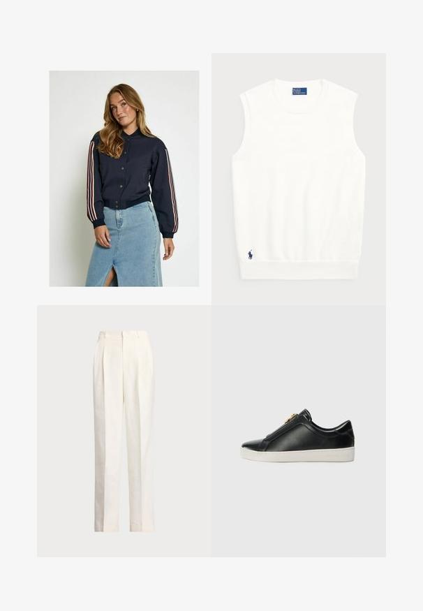 Marine bomberjack met knoopsluiting, met rode en witte strepen op de mouwen. Zachte stof, geribbelde manchetten en een cropped lengte.; Witte mouwloze sweater van glad katoen, met een geribde onderrand en een klein marineblauwe logo op de linkeronderzijde. Eenvoudig ontwerp, geen patronen.; Polo Ralph Lauren HEMP WIDE LEG PANT - Broek - nevis; Zwarte leren instapschoenen met een verhoogde naad, zilveren hardware-detail op de bovenkant en een witte rubberen zool met reliëfbranding.