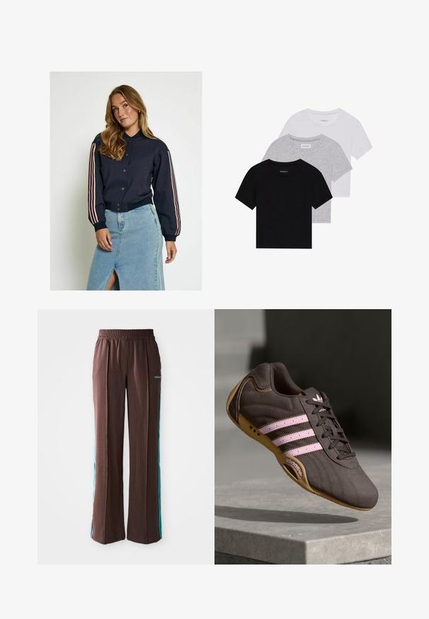 Laivaston pommikoppa takki, jossa on napitus, harvinaiset punaiset ja valkoiset raidat hihoissa. Pehmeä kangas, ribbed hihansuut ja lyhennetty pituus.; Kolm lyhythihaista t-paitaa mustana, harmaana ja valkoisena. Valmistettu puuvillasta, jossa on pyöreä kaula-auko ja yksinkertainen, tasavärinen muotoilu.; Ruskeat urheiluhousut, joissa on ribattu rakenne, joustava vyötärö ja turkoosit sivusuunnat. Edessä on adidas-logo.; Ruskea mokkanahkainen urheilukenkä, jossa on vaaleanpunaiset raidat ja logo. Kengässä on teksturoitu päällinen, nauhakiinnitys ja kuminen pohja.