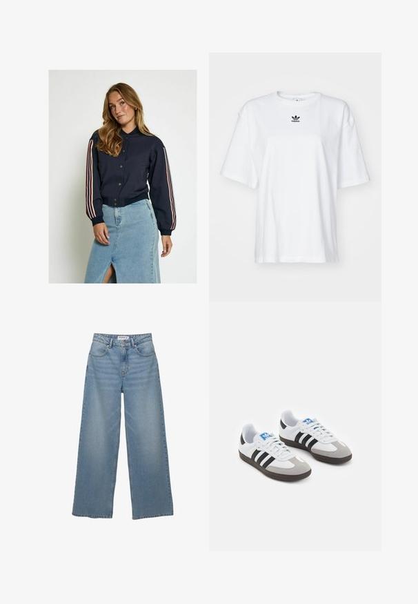 Mornarica bomberska jakna z gumbom, ki ima rdeče in bele stripe na rokavih. Mehka tkanina, rebrasti manšeti in kratek kroj.; Bela kratka majica s kratkimi rokavi iz bombaža. Ima krožni ovratnik in majhen črn Adidasov logotip na prsih. Ravna podoba.; Svetlo modri široki jeans iz denima. Ima visok pas, pet žepov in ravno kroj z minimalnim bledenjem.; Športni čevlji z belim usnjenim zgornjim delom, sivim semišem na prstih in tremi črnimi črtami. Imajo modro logo na jeziku in teksturiran gumijast podplat.