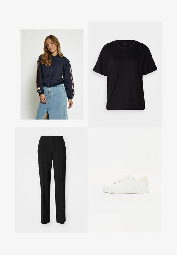 Jūrininkų bombonešio striukė su mygtukų uždarymu, su raudonomis ir baltomis juostelėmis ant rankovių. Minkšta medžiaga, susitraukinėję rankogaliai ir trumpas ilgis.; Juodas medvilninis marškinėliai su apvalia iškirpte, trumpomis rankovėmis ir siuvinėjimu ant krūtinės. Paprastas, laisvas siluetas be raštų.; Juodi pritaikyti kelnių modeliai su tiesiomis kojomis, pasižyminčios lygiomis tekstūromis ir ryškiomis klostėmis priekyje. Nėra matomų detalių.; Baltos sportbačiai su kanapių viršumi, apvaliu nosiu ir plokščiu guminiais padu. Yra auksiniai akių angos ir šviesiai smėlinis kulno akcentas.