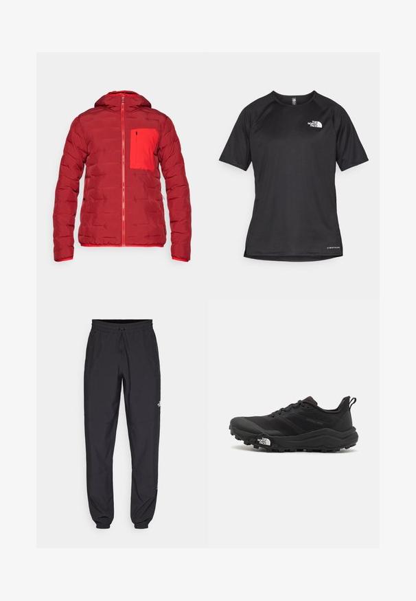Crvena podstavljena jakna s kapuljačom, s patentnim zatvaranjem i kontrastnom crvenom džepnom na prsima. Glatka tekstura i srednja debljina.; Crna kratkotrajna atletska majica s teksturiranom tkaninom, koja ima bijeli logo na lijevom prsnom dijelu i ravni rub.; Crne sportske hlače od lagane tkanine, s pojasom na vezanje, bočnim džepovima i suženim manžetama na gležnjevima.; Crne trail trkačke cipele s teksturiranim gornjim dijelom, gumeni potplat i ojačana zaštita za prste. Imaju podstavljen ovratnik i trakicu za lakše obuvanje.
