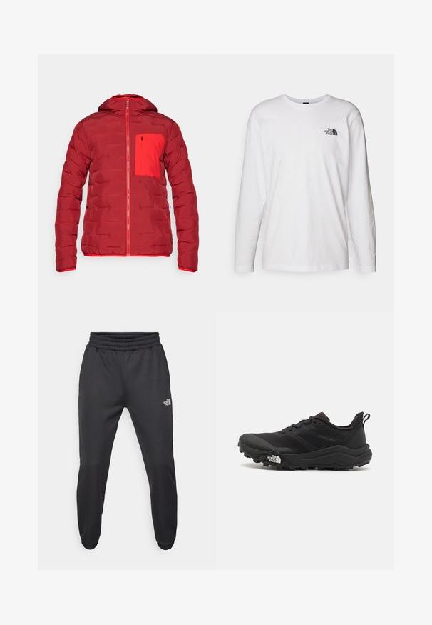 Chaqueta acolchada roja con capucha, que presenta un cierre de cremallera y un bolsillo en el pecho de color rojo en contraste. Textura suave y grosor medio.; Camiseta de manga larga blanca de algodón con cuello redondo. Presenta un pequeño logotipo negro en el pecho. Textura suave, corte regular.; Pantalones deportivos negros con cintura ajustable mediante cordón, corte tapered, puños elásticos y un pequeño logo blanco en el muslo izquierdo, fabricados en tejido suave.; Zapatilla de trail running negra con upper texturizado, suela de goma y puntera reforzada. Presenta un collar acolchado y una lengüeta para poner y quitar fácilmente.