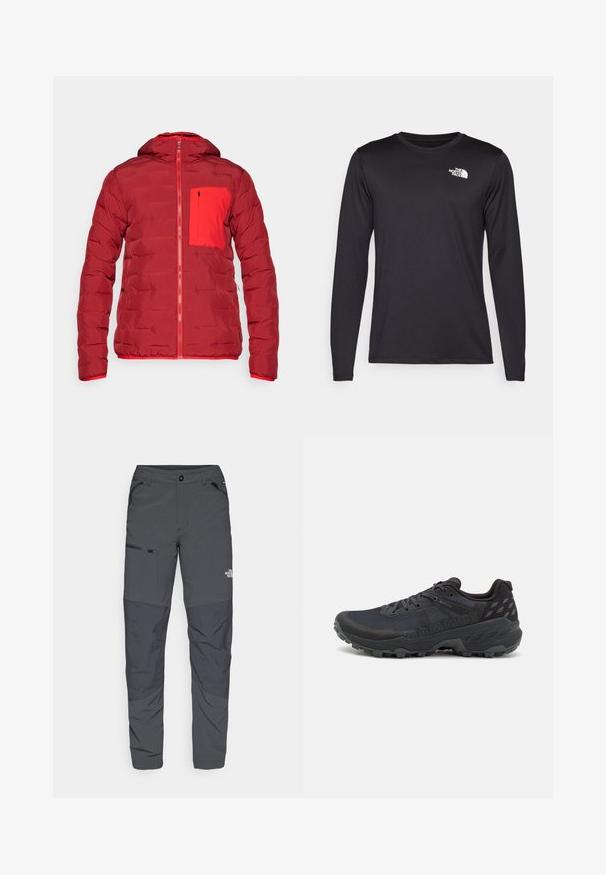 Červená vypchávkovaná bunda s kapucňou, vybavená zipsom a kontrastnou červenou náprsné vreckom. Hladká textúra a stredná hrúbka.; Čierne tričko s dlhým rukávom vyrobené z ľahkej tkaniny, s bielym logom na hornej ľavej strane hrude. Hladká textúra.; Sivé vonkajšie nohavice s hladkou textúrou, s bočným vreckom na zips, zosilnenými kolenami a diskrétnym logom.; Čierne trailové bežecké topánky s textúrovaným sieťovaným vrchom a gumovou podrážkou; vlastnosti zahŕňajú šnúrky, polstrovaný golier a detaily s logom.