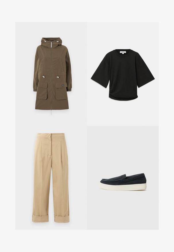 Rudas parka striukė su kapišonu, užtrauktuku, dviem priekinėm kišenėm, reguliuojamomis virvutėm ir elastingais rankogaliais. Pagaminta iš tekstūruoto audinio.; Juodas trumpomis rankovėmis marškinėliai, pagaminti iš švelnaus medvilnės, su apskritu kaklu ir laisvu siluetu, su subtiliu surinkimu šone.; Bežinės, plačios kelnės su dviem priekiniais raukšliais, suktais rankogaliais ir lygiu paviršiumi. Pagamintos iš lengvos medžiagos, siūlančios laisvą siluetą.; Tamsiai mėlynos veliūro šlepetės su apvalia nosimi, kontrastingu baltu guminiu padu ir minimaliais siuvimo akcentais palei siūles.