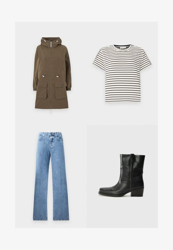 Hnědá parka bunda s kapucí, zapínání na zip, dvě přední kapsy, nastavitelná stahovací šňůrka a elastické manžety. Vyrobena z texturované látky.; Bavlněné tričko s krátkým rukávem a kulatým výstřihem, s černými vertikálními pruhy na bílém pozadí a s rovného střihu.; Světle modré džíny s širokým střihem, pěti kapsami, poutky na opasek a zapínáním na knoflík. Látka má hladkou texturu.; Černá kožená kotníková bota s kulatou špičkou, blokovým podpatkem, bočním zipem a prošíváním na svršku. Hladký povrch, klasický design.