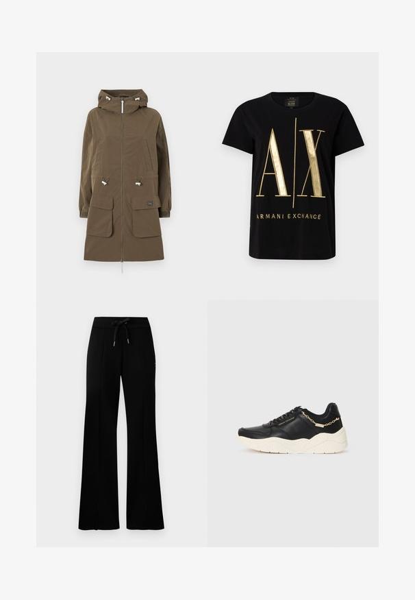 Brown parka jacket with a hood, zip closure, two front pockets, adjustable drawstrings, and elastic cuffs. Made from a textured fabric.; Black cotton t-shirt featuring bold gold "A/X" logo and "ARMANI EXCHANGE" text, short sleeves, round neckline, smooth texture.; Black wide-leg sweatpants with a drawstring waistband, side slit accents, soft fabric, and a sleek design.; Black leather sneaker featuring a chunky cream sole, gold-tone chain accent, and black laces. Smooth texture with embossed branding on the side.