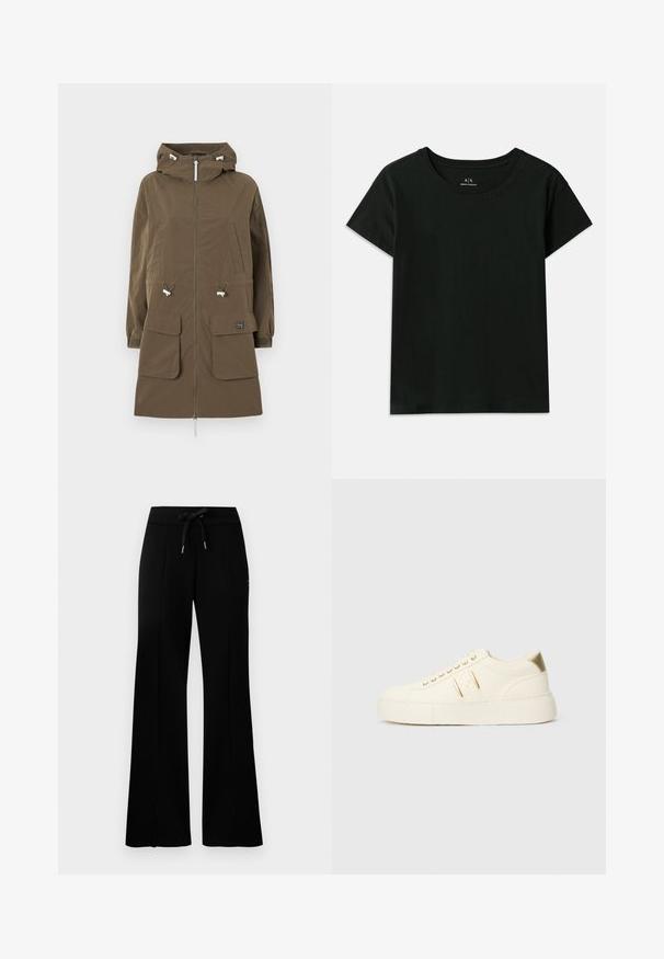 Smeđi parka s kapuljačom, zatvaranje na zip, dva prednja džepa, podesive šnure i elastične manšete. Napravljen od teksturiranog materijala.; Crna majica kratkih rukava od pamuka. Ima okrugli izrez i reljefni natpis "Armani Exchange" duž ramena. Jednostavan dizajn.; Crne široke trenirke s remenom na vezanje, bočnim prorezima, mekanom tkaninom i elegantnim dizajnom.; Krem-beige niske tenisice s zlatnim detaljima, vezicama i utisnutim "Armani Exchange" brendom na potplatu i bočnoj oznaci.