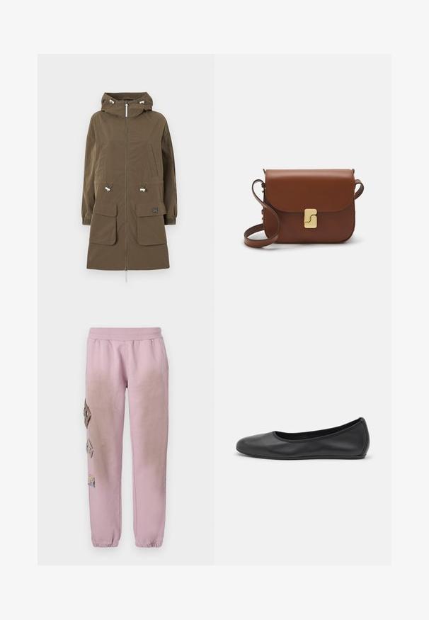 Hnedá parka s kapucňou, so zipsovým zapínaním, dvomi prednými vreckami, nastaviteľnými šnúrkami a elastickými manžetami. Vyrobená z textúrovanej tkaniny.; Biela krátka tričko s krátkymi rukávmi vyrobené z rebrovanej látky. Klasický okrúhly výstrih, bežný strih a jemné švy. Bez vzorov alebo grafiky.; Ružové tepláky s elastickým pásom, s ozdobnými nášivkami v tvare diamantu na ľavej strane a elastickými manžetami na členkoch.; Čierne kožené baleríny s okrúhlou špičkou, hladkým povrchom, minimálnym prešívaním a flexibilným dizajnom podrážky.; Hnedá kožená kabelka s klopou, zlatými kovovými prvkami, ramenným popruhom a hladkým povrchom. Kompaktný obdĺžnikový tvar.