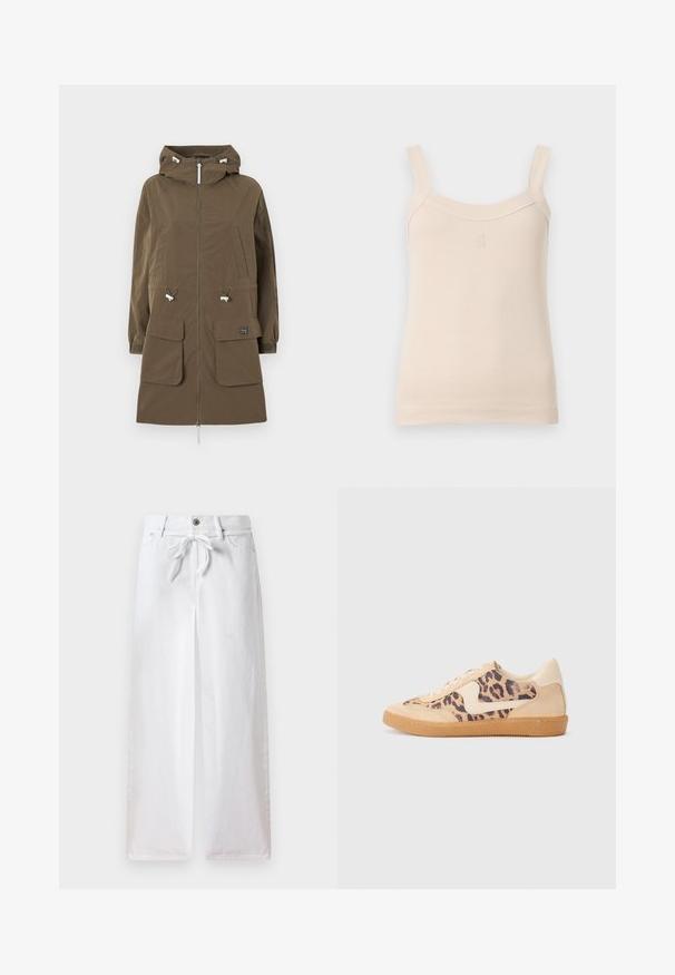 Pruun parka jakk, millel on kapuuts, lukuga sulgemine, kaks eesmist taskut, reguleeritavad tõmblukud ja elastsed mansetid. Valmistatud tekstureeritud kangast.; Beez ribastank, millel on õhukesed rihmad ja ümar kaelus. Ees on õmmeldud logo. Sile tekstuur, keha lähedane disain.; Valged laiad püksid, mis on valmistatud puuvillast. Omavad paela toimetamise nööri vööl ja nööpistungit. Sile tekstuur koos minimalistliku disainiga.; Leopardi mustriga tossud, millel on beež sueded ülemine osa, pruuni kummist põhi ja valged aktsendid. Ümar nina ja lipsukujundus, millel on tekstureeritud viimistlus.