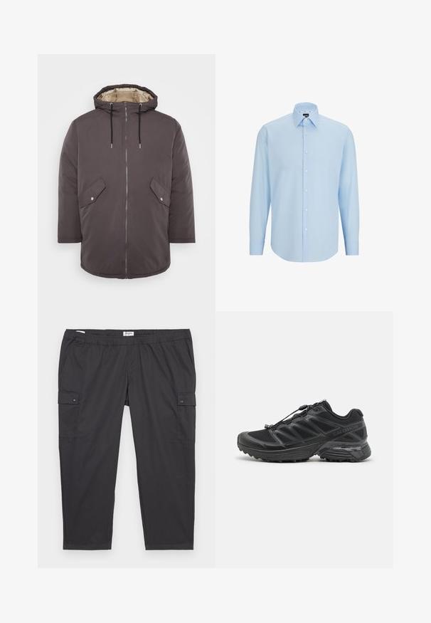 Jack & Jones JJLOOP - Abrigo de invierno - mulch; Camisa de dress de manga larga de color azul claro, hecha de una tela suave, con un cierre de botones en la parte delantera, cuello puntiagudo y corte regular.; Pantalones cargo negros con una cintura elástica, bolsillos laterales y detalles de botones a presión. Fabricados con una tela ligera y suave.; Zapatilla de correr negra con parte superior de malla y sintético, suela flexible y cordones elásticos. Presenta una entresuela acolchada para mayor comodidad.