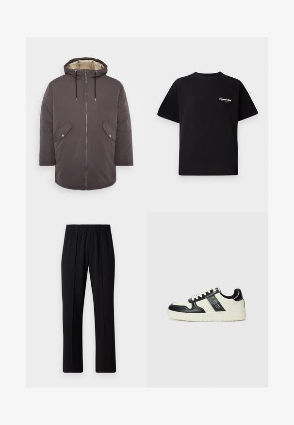Jack & Jones JJLOOP - Vinterkåpe / -frakk - mulch; Svart bomull t-skjorte med rund hals, korte ermer og liten hvit logo-tekst på venstre bryst. Enkel design, klassisk passform.; Svart, elastisk midjebukser med rett ben-design, med en glatt tekstur og uten synlige mønstre eller maskinvare.; Lædersneakers med sort og creme farveskema, der har perforerede detaljer, en polstret krave og en struktureret ydersål.