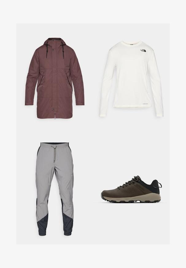 Ruda izoliacija striukė su kapišonu, priekiniu užtrauktuku ir segtuku. Pasižymi dviem šoniniais kišenėmis ir reguliuojamais raišteliais kapišone.; Balta ilga rankove marškiniai su apvalia iškirpte, tekstūruota medžiaga, juodas logotipas kairėje petyje ir subtilus prekės ženklas apačioje.; Lengvas, pilkos sportinės kelnės su juodais akcentais. Elastingas juosmuo, raišteliu užsegimas, siaurėjantis kojų dizainas ir šoninės kišenės.; Rudi nepralaidūs sportbačiai su tekstūruota viršutine dalimi, perforuotomis detalėmis, juodu kulno palaikymu ir pilku guminio padu. Šniūreliai yra dekoruoti metaliniais galais.