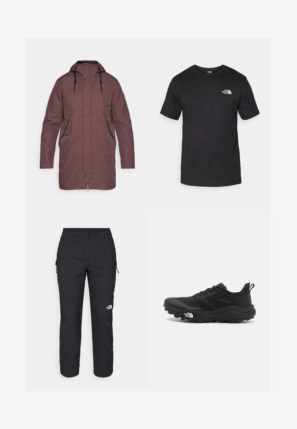Hnedá izolovaná bunda s kapucňou, predným zipsom a zapínaním na cvoky. Má dve bočné vrecká a nastaviteľné šnúrky na kapucni.; Čierne tričko s krátkym rukávom vyrobené z bavlny, s okrúhlym výstrihom a malým bielym logom na hornej ľavej strane hrude.; The North Face WINTER EXPLORATION TAPERED CARGO - Outdoorové nohavice - black; Čierne trailové behacie topánky s štruktúrovaným zvrškom, gumovou podrážkou a vystuženou špičkou. Obsahuje polstrovaný golier a úchyt na jednoduché obúvanie.