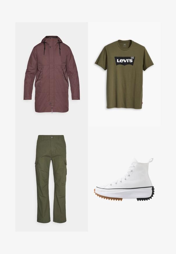 Hnědá zateplená bunda s kapucí, předním zipem a patentními knoflíky. Obsahuje dvě boční kapsy a nastavitelné šňůrky na kapuci.; Bavlněné tričko olivově zelené barvy s velkým černým logem Levi's v kontrastním půlkruhovém tvaru přes hrudník. Standardní střih.; Kargo kalhoty v tmavě olivově zelené barvě, s několika bočními kapsami, rovný střih a odolná tkanina s texturovaným povrchem.; Bílé vysoké sneakersy s plátěným svrškem, černými a hnědými gumovými akcenty, výraznou zubatou podrážkou a stříbrnými průvleky se šňůrkami.