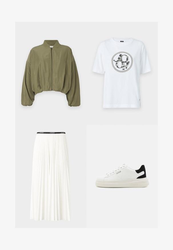 Olijfgroene cropped bomberjack met een ritssluiting aan de voorkant, geribde kraag en ballonmouwen. Gladde stof met minimale naden.; Witte katoenen t-shirt met een ronde grafische logo in een zwart en grijs dierenprint ontwerp. Korte mouwen en een relaxte fit.; Plisséminirok in het wit met een zwarte elastische tailleband met het "LACOSTE"-logo. Middellange ontwerp met een zachte textuur.; Witte leren sneakers met een dikke witte zool, zwarte suède hielaccent en een geperst logo op de zijkant. Vetersluiting met zes oogjes.