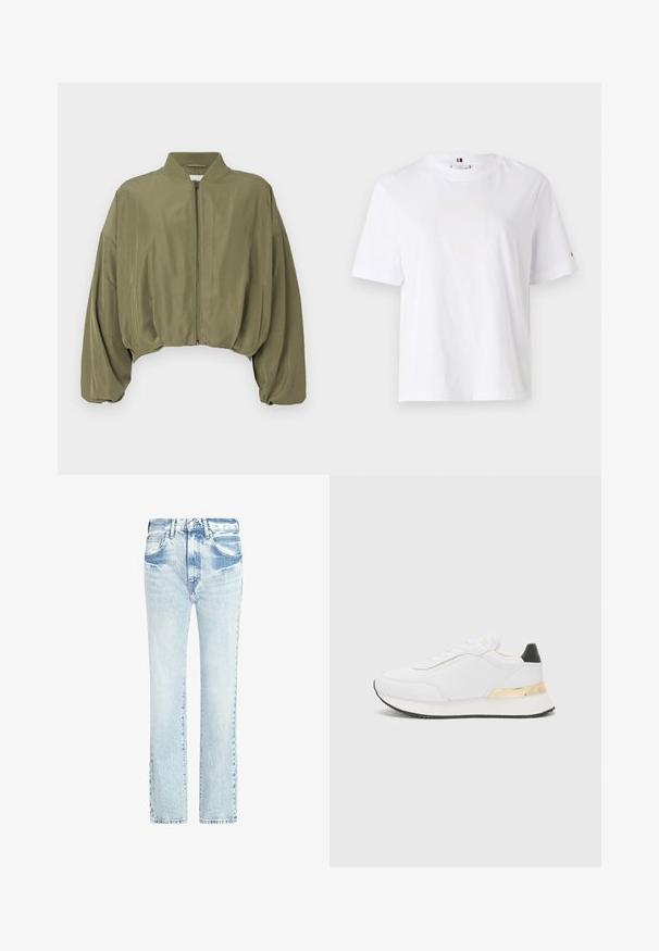 Oliivivihreä lyhyt bomber-takki, jossa on vetoketjukiinnitys, ribbireunus ja pussimaiset hihat. Sileä kangas, jossa on minimaalinen sauma.; Valkoinen puuvillapaita, jossa on pyöreä kaula-aukko, lyhyet hihat ja huomaamaton keltainen logomuotoilu, jossa lukee "HILFIGER NEW YORK 1985." Normaali istuvuus.; Vaaleansinisiä farkkuhousuja, joissa on suora lahjetyyli, viisi taskua ja haalistunut pinta. Ominaisuuksiin kuuluvat näkyvät ompeleet ja klassinen nappisulku.; Valkoiset sneakerit, joissa on sileä pinta, musta kantapääkoriste ja kultainen metalliviimeistely keskikannan kohdalla. Nauhakiinnitys, kumipohja.