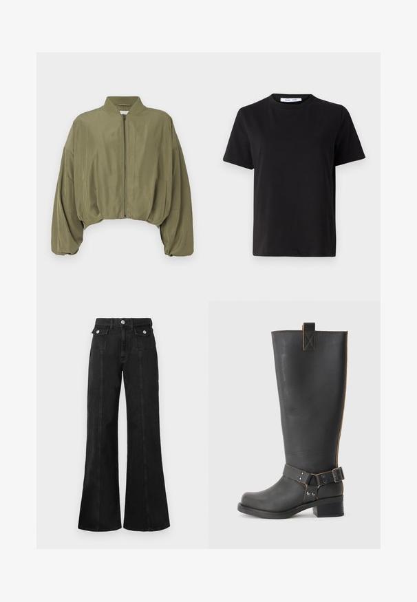 Olivno zelena skrajšana bomber jakna, ki ima zadrgo spredaj, rebrast ovratnik in balonske rokave. Gladek material z minimalnimi šivi.; Črna majica s kratkimi rokavi iz mehkega bombaža, ki ima okroglo izrezovanje, udoben kroj in gladko teksturo. Brez vidnih vzorcev ali grafike.; Črne denim flare jeans hlače z visokim pasom, ki imajo dve sprednji žep, srebrno-tonirane okrasne elemente in vidne šive na sprednji strani.; Črne usnjene škornje do kolen z teksturirano obdelavo, ki imajo stranski sponko in nizko peto. Podrobno šivanje po šivih.