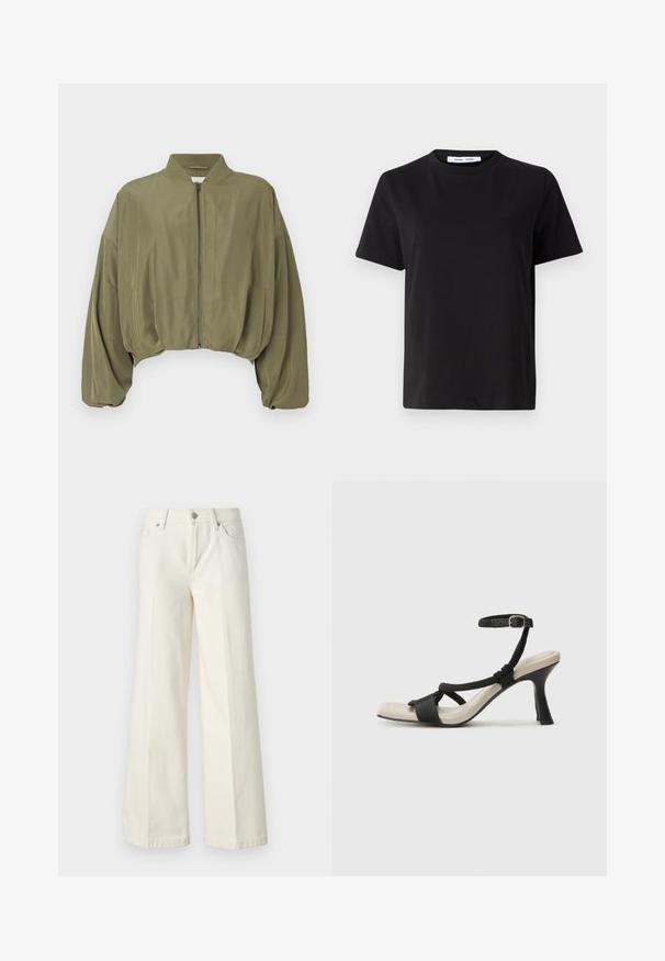 Jachetă bomber scurtă de culoare verde măsliniu, cu fermoar frontal, guler rib și mâneci tip balon. Fabrică netedă cu cusături minime.; Tricou negru cu manșon scurt, fabricat din bumbac moale, având un guler rotund, o croială lejeră și o textură netedă. Fără modele sau grafice vizibile.; Blugi albi evazați dintr-o țesătură din bumbac. Prezintă un fermoar la braguă, un design cu cinci buzunare și cusături de-a lungul cusăturilor.; Sandal cu toc negru, cu design de curea împletită, vârf pătrat și curea de gleznă ajustabilă. Tălpică de un bej deschis și toc negru lucios.