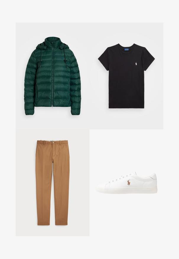 Žalio pūkų striukė su aukštu apykakle, užtrauktuku ir reguliuojamu laikikliu ant galvos. Pasižymi horizontaliais siuvinėjimais ir dviem šoninėmis kišenėmis.; Juodas medvilnės marškinėlis su apvalia iškirpte, trumpomis rankovėmis ir balta siuvinėta logo kairėje krūtinės pusėje. Lygus tekstūrinis audinys, neformalus dizainas.; Rudos medvilnės kelnes su siauru siluetu, lygiu priekiu ir standartinėmis kišenėmis; sklandžios tekstūros ir apkarpytais rankogaliais.; Baltos odinės sportbačiai, žemo profilio, su lygia tekstūra, apvalia nosimi, raištelių sistema priekyje ir mažyte siuvinėta logo šone.