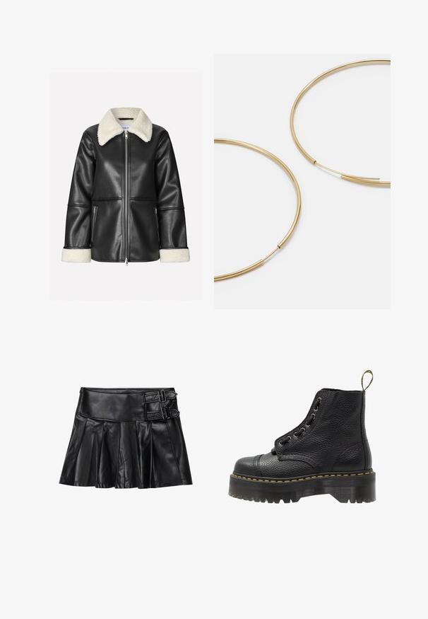 Giacca in finta pelle nera con colletto e polsini in shearling bianco, chiusura con zip e due tasche laterali. Texture liscia e design strutturato.; Top nero a spalla singola con sovrapposizione trasparente arricciata lungo il collo, realizzato in tessuto leggero con una texture morbida.; Gonna in pelle nera con pieghe, cintura ampia e due dettagli con fibbia ai lati. Texture liscia con una finitura lucida.; Stivale alla caviglia in pelle nera con superficie testurizzata, punta tonda, design con lacci, cuciture gialle e una suola piatta nera spessa e scanalata.; Orecchini a cerchio color oro, sottili e rotondi, con una finitura metallica liscia e senza decorazioni o motivi.