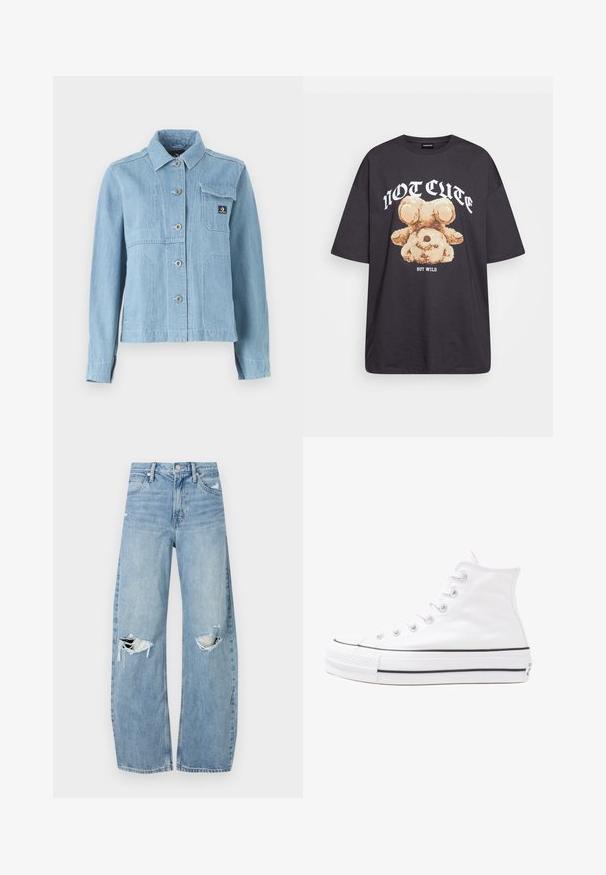 Ljust blå denimjacka med knäppning fram, spetsig krage, en bröstficka och vanliga ärmslut. Har en logotyp patch på fickan.; Svart oversized t-shirt med en grafik av en björn och texten "INTE SÖT MEN VILD" i fet, vit lettering. Tillverkad av bomull.; Ljusblå, högmidjade jeans i denim. Har vida ben, två slitna knäområden och klassisk femfickedesign.; Vit hög topp canvas sneaker med svart gummisulan, framsidan gummitåhätta och sex öglor för snören, med en ren, minimalistisk design.
