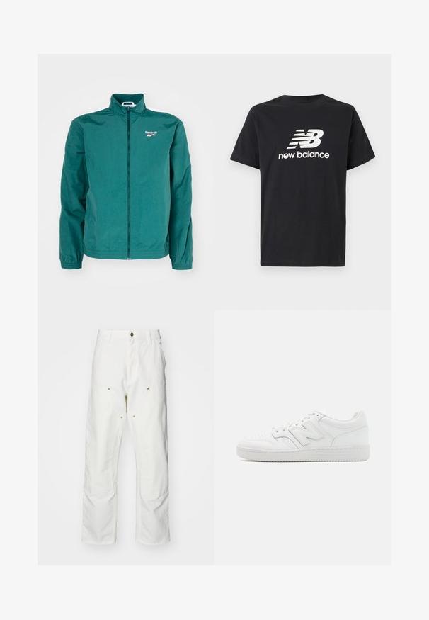 Ελαφρύ μπουφάν σε τιρκουάζ απόχρωση με ψηλό γιακά, πλήρες φερμουάρ και ελαστικούς καρπούς. Διαθέτει λευκές ρίγες στους ώμους και ένα μικρό λογότυπο στο στήθος.; Μαύρο βαμβακερό T-shirt με λευκό λογότυπο της New Balance και γραφικό σχέδιο μπροστά. Κοντά μανίκια και στρογγυλή λαιμόκοψη.; Λευκά βαμβακερά cargo παντελόνια με χαλαρή εφαρμογή. Ενδεικτικά χαρακτηριστικά περιλαμβάνουν μπροστινές τσέπες, χρυσές λεπτομέρειες και ενισχυμένα γόνατα.; Λευκό αθλητικό παπούτσι κατασκευασμένο από λείο δέρμα, με τρυπητό μπροστινό μέρος, υφασμάτινη σόλα από καουτσούκ, επίπεδες κορδόνες και ένα εξέχον λογότυπο 'N' στο πλάι.