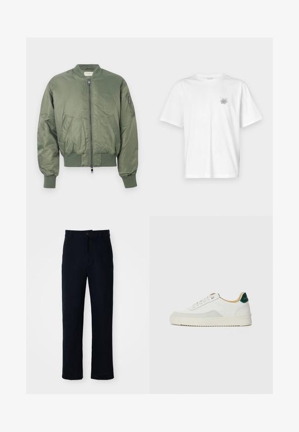 Zielona kurtka bombowca, wykonana z gładkiego nylonu, z zamkiem błyskawicznym z przodu, ściągaczami na rękawach i u dołu, dwoma przednimi kieszeniami oraz kieszenią na rękawie z zamkiem.; Biała koszulka z bawełny z krótkimi rękawami, okrągłym dekoltem i małym szarym logo po lewej stronie klatki piersiowej. Gładka tekstura.; Granatowe spodnie wykonane z bawełny, z prostą nogawką, z zapięciem na guziki z przodu oraz klasycznym pasem z pętelkami na pasek.; Białe trampki z zamszowymi akcentami, zaokrąglony czubek, płaskie sznurowadła i kremowa gumowa podeszwa. Posiadają zielone logo na pięcie.
