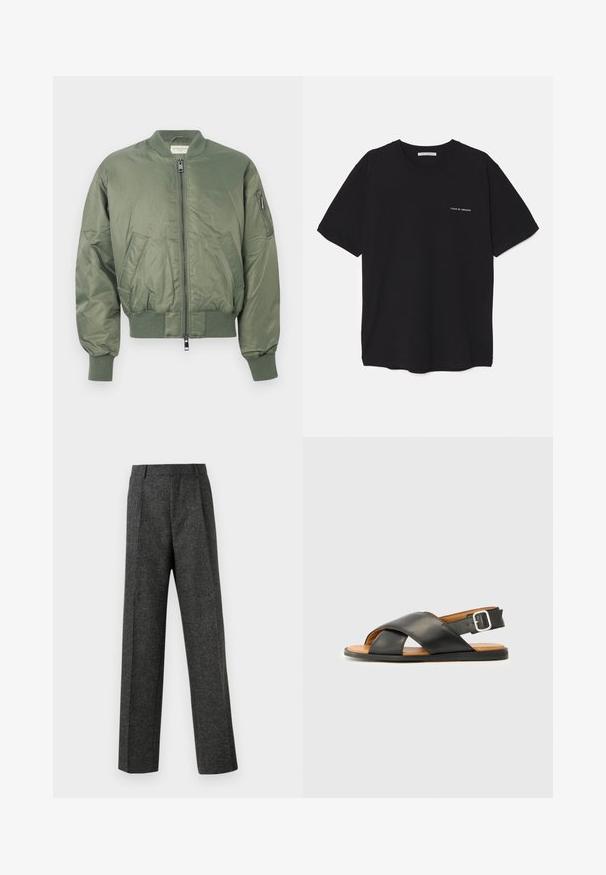 Jachetă bomber verde din nylon neted, cu fermoar în față, mansete și tiv din materiale ribbate, două buzunare frontale și un buzunar cu fermoar pe mânecă.; Tricou din bumbac negru, cu guler rotund, mâneci scurte și un imprimeu alb cu logo pe partea stângă a pieptului. Design simplu, de culoare uniformă.; Pantaloni gri ajustați din țesătură texturată, prezentând două pliere frontale și un design drept. Fără buzunare vizibile sau ornamente.; Sandale din piele neagră cu bretele încrucișate, vârful descoperit și curea pentru gleznă cu o cataramă metalică. Tălpică maro și talpă neagră. Design simplu.