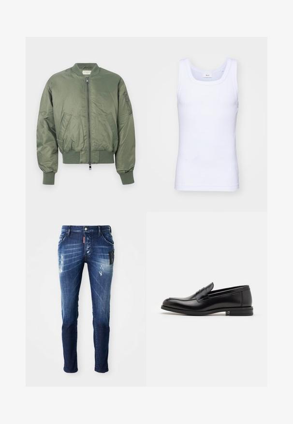 Zelená bomber bunda vyrobená z hladkého nylonu, s předním zipem, žebrovanými manžetami a lemem, dvěma předními kapsami a kapsou na zip na rukávu.; Bílé bavlněné tílko bez rukávů s kulatým výstřihem, s hladkou texturou a přiléhavým střihem, navržené pro volnočasové nošení.; Tmavě modré denimové džíny s úzkým střihem. Mají poškozené detaily a mírné blednutí. Obsahují kontrastní nášivku v oblasti kapsy.; Černé kožené polobotky s hladkou texturou, zaoblenou špičkou a zdobným páskem přes nárt. Nízký stohovaný podpatek, minimalistický design.