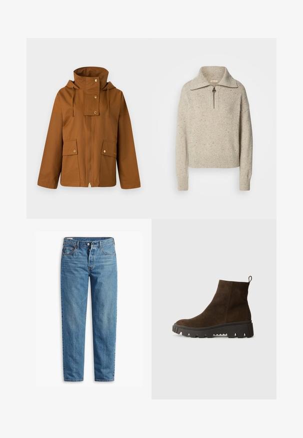 Sötétbarna zipzáros dzseki magas gallérral, húzózsinóros kapucnival és két elülső zsebbel. Simaszerű anyagból készült, arany színű fém kiegészítőkkel.; Beige kötött pulóver magas gallérral, cipzáros záródással, bordázott mandzsettákkal és szegéllyel. A textúrában sötétebb szálak foltjai találhatók.; Kék farmernadrág, egyenes fazonnal, cipzáros záródással, két elülső zsebbel és finom kopásnyomokkal az anyagon.; Barna velúr bokacsizma masszív fekete gumitalppal, enyhén sarokkal és hátul elhelyezett húzófüllel a könnyű felvétel érdekében.