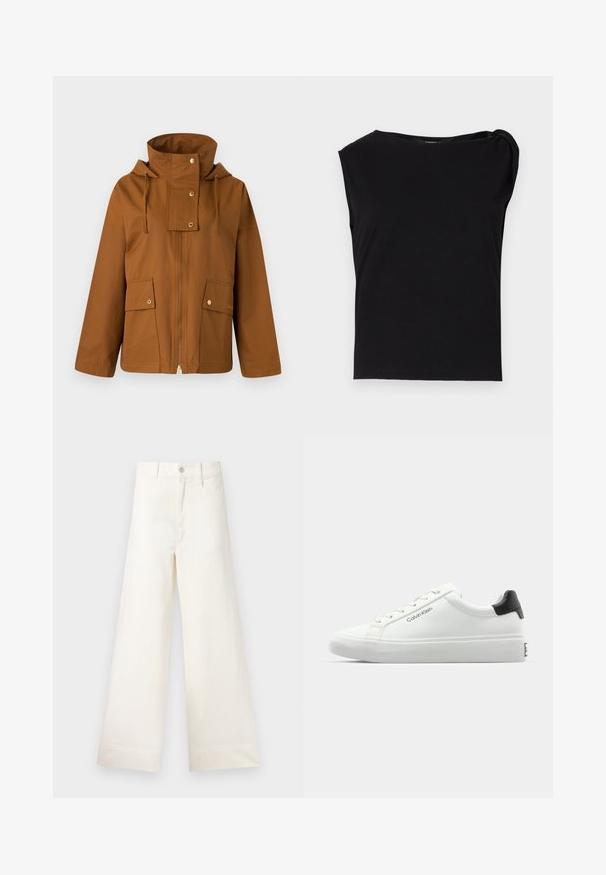 Jachetă îngrijită de culoare maro, cu fermoar, guler înalt, glugă cu șnur și două buzunare frontale. Fabricată dintr-un material neted, cu accente din metal auriu.; Top negru cu maneci scurte, fabricat dintr-un material neted. Prezintă un decolteu rotund și un detaliu drapat pe umăr. Design simplu, ajustat.; Pantaloni cu croi larg din bumbac bej deschis. Prezintă talie înaltă, buzunare frontale și croi drept. Terminare netedă a tivului, fără modele.; Tenisii albi cu un finisaj neted, cu accent pe toc negru și design cu șireturi. Prezintă branding-ul "Calvin Klein" pe lateral. Stil minimalist.