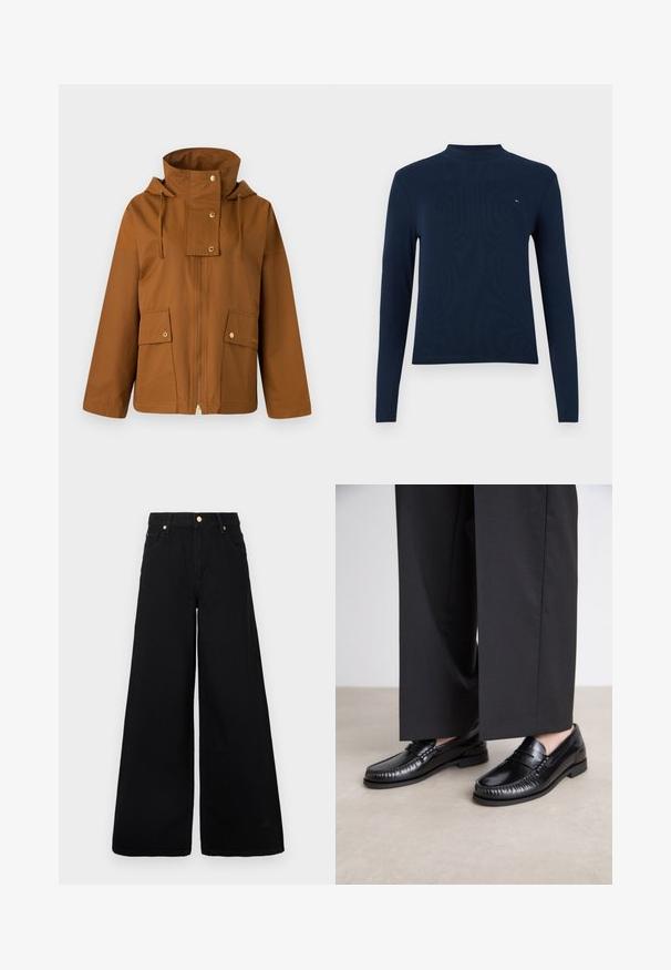 Bruine ritsjack met hoge kraag, trekkoordkap en twee voorzakken. Gemaakt van soepel materiaal met gouden hardware accenten.; Marineblauwe lange mouwen turtleneck top, ribbelstructuur, met een klein logo op de borst, in een aansluitend ontwerp en een ronde hals.; Zwarte wijde jeans van denim, met een hoge taille, twee voorkruiszakken en gouden hardwareaccenten bij de tailleband.; Zwarte leren instappers met een gladde afwerking, gestikte details rond de teen en een lage rubberen zool. Gepaard met brede zwarte broeken.