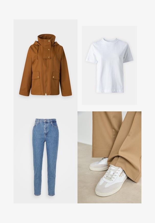 Brown zip-up jacket with a high collar, drawstring hood, and two front pockets. Made of smooth fabric with gold hardware accents.; White cotton t-shirt with a crew neckline, short sleeves, a straight cut, and smooth texture. No patterns or embellishments.; Blue high-waisted straight-leg jeans with front button and zipper, belt loops, and pockets, displayed on plain white background.; White sneakers with suede accents, textured laces, and a rubber sole. Paired with loose tan trousers. Logo displayed on the side.