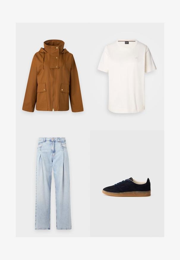 Sötétbarna zipzáros dzseki magas gallérral, húzózsinóros kapucnival és két elülső zsebbel. Simaszerű anyagból készült, arany színű fém kiegészítőkkel.; Fehér pamut póló rövid ujjakkal, kerek nyakkivágással és egy kis logóval a mellkason. Simaszerű textúra és egyenes szegély.; Világoskék farmernadrág magas derekú, bő szabású, két oldalsó zsebbel és pliszírozott dizájnnal. Puha tapintású, elhalványított felület.; Tengerészkék színű nubuk bőr sportcipő barna gumitalppal, kék fűzőkkel és minimalista dizájnnal. Az oldalán dombornyomott logóval és sima belső béléssel.
