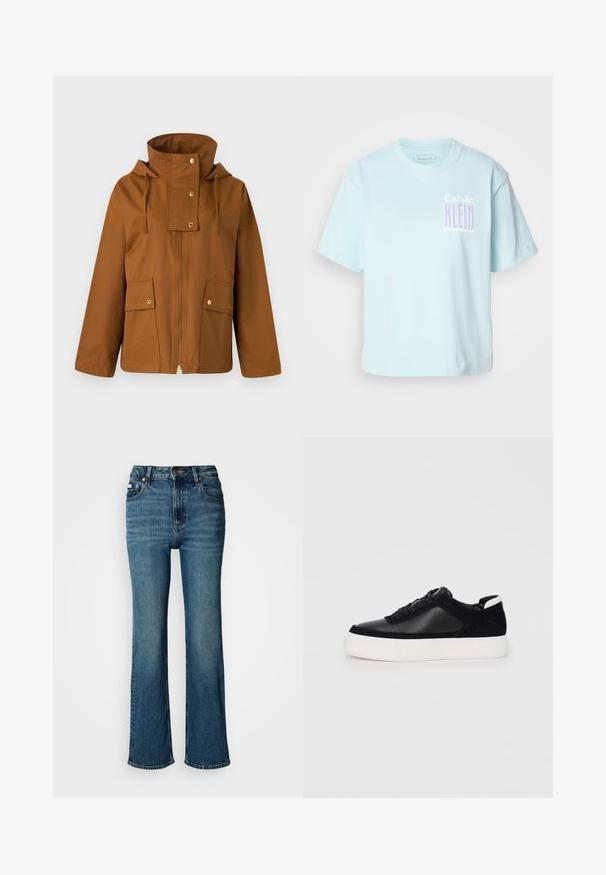 Braune Reißverschlussjacke mit hohem Kragen, Kordelzugkapuze und zwei vorderen Taschen. Aus glattem Stoff mit goldenen Hardware-Akzenten gefertigt.; Helltürkises Baumwoll-T-Shirt mit Rundhalsausschnitt und kurzen Ärmeln. Mit einem grafischen Design, auf dem "Calvin Klein" in lila auf der Vorderseite abgebildet ist.; Hochtaillierte blaue Jeans aus Denim mit geradem Bein, dezentem Verblassen und einem standardmäßigen Knopf- und Reißverschluss.; Schwarze Sneakers mit glattem Leder und Wildleder-Einsätzen, flachen Schnürsenkeln, runder Zehenpartie und einer weißen Gummisohle. Deutliches Logo an der Ferse.