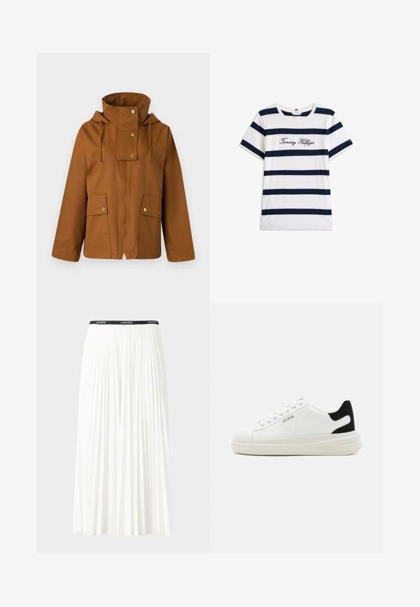 Pruun tõmblukk-jakk kõrgema kraega, nööriga kapuuts ja kaks esist pocketit. Valmistatud siledast kangast kuldsete detailide aktsentidega.; Puuvillane T-särk horisontaalsete tumesiniste triipudega valgel taustal. Rinnal on kiri "Tommy Hilfiger" kantud kursiivis. Ümmargune kaelus.; Kurtitudega valge seelik musta elastse vööga, millel on "LACOSTE" logo. Keskmise pikkusega disain pehme tekstuuriga.; Valged nahast tennisetossud paksu valge tallaga, musta sametist kontsakeeuga ja külje peal riigilogo reljeefne kujundus. Lukkeskeem kuue silmaauguga.