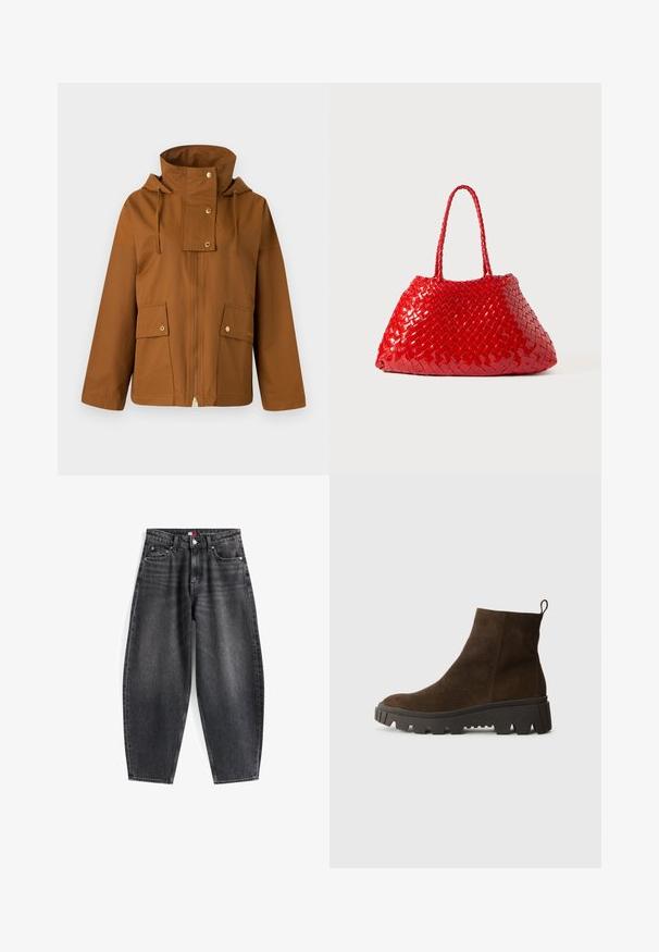 Sötétbarna zipzáros dzseki magas gallérral, húzózsinóros kapucnival és két elülső zsebbel. Simaszerű anyagból készült, arany színű fém kiegészítőkkel.; Világoskék, hosszú ujjú pólóing vízszintes szürke és fehér csíkokkal, galléros nyakkal.; Magas derekú, fekete farmernadrág, laza szabással, öt zsebbel, övtartókkal és márkás derékkal.; Barna velúr bokacsizma masszív fekete gumitalppal, enyhén sarokkal és hátul elhelyezett húzófüllel a könnyű felvétel érdekében.; Vörös szőtt női táska fényes felülettel, fonott fogantyúkkal. Megkülönböztető háromszög alakú és texturált felülettel rendelkezik, szoros mintázattal.