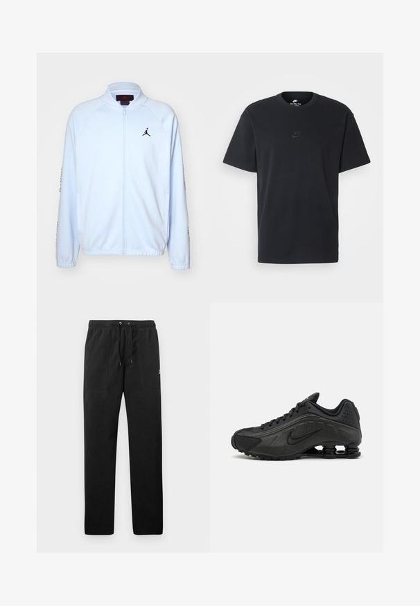 Jordan Sportinė striukė - hydrogen blue; Juodas medvilninis Nike marškinėliai su klasikinėmis apykaklėmis, trumpomis rankovėmis ir subtiliu, įspaustu logotipu ant krūtinės. Sklandus tekstūra.; Juodos vilnonės kelnės su elastiniu juosmeniu ir raišteliais, dviem priekinėmis kišenėmis ir maža slogo ant šlaunies.; Juodi bėgimo bateliai su lygiu sintetiniu paviršiumi, perforuotomis detalėmis, tekstūruotais šonų skydeliais ir išskirtiniu elastingu padu.
