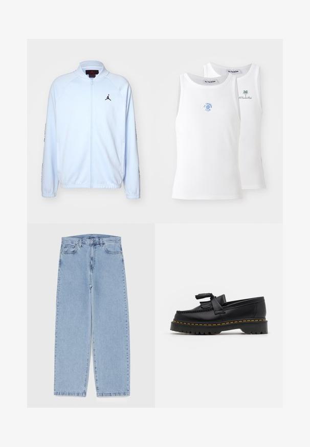 Jordan Träningsjacka - hydrogen blue; Två vita linnen med ribbad textur, som har broderade logotyper i blått och grönt. Det ena har en soldesign och det andra en palm.; Ljusblå denimjeans med rak bendesign, midjehög midja, fem fickor samt knapp- och dragkedjestängning.; Svart läderloafer med en tofsdetalj, med en kraftig svart sula och gul söm längs kanten. Strukturerad yta.