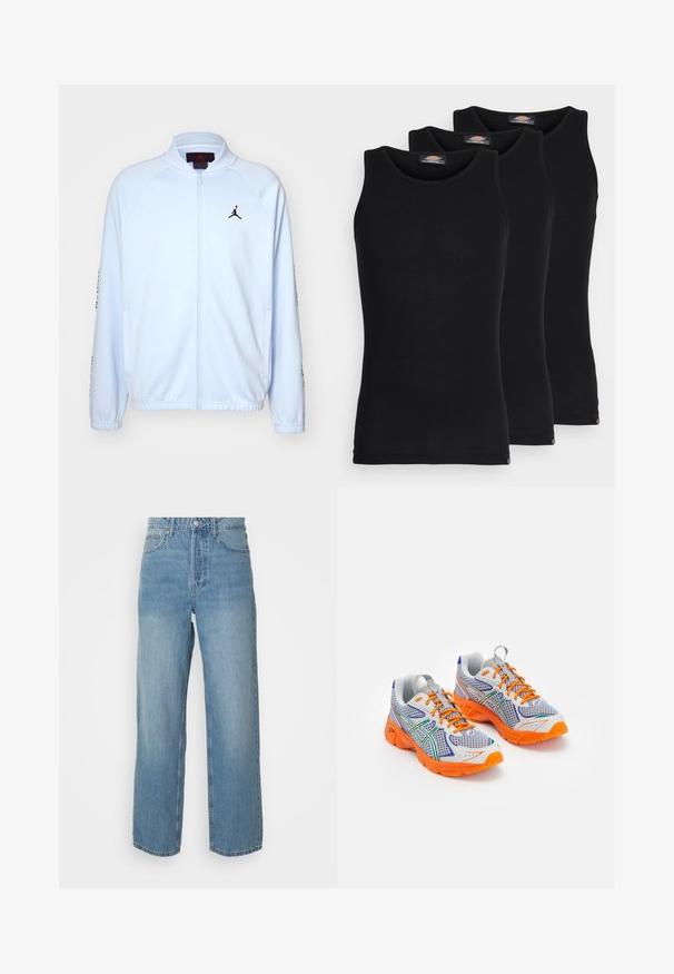 Jordan Treningsjakke - hydrogen blue; Sorte tanktopper i en pakke med tre. Ribbet tekstur, standard rund hals, uten ermer. Sømmen har en liten merkevarelogo nederst.; Høytlivs lys blå denimjeans med rette ben, front lukking med knapp, og fem lommer på ensfarget bakgrunn.; Sportskoe sko med mesh-overdel i hvit, aksentert med lilla, grønn og oransje detaljer. Polstret krage og teksturert oransje såle.
