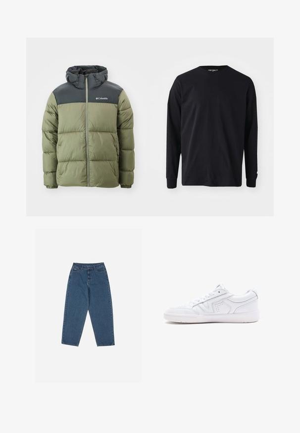 Žalias pūkuotas švarkas su juoda kapišonu ir viršutine dalimi. Yra priekinis užtrauktukas ir elastingos rankogaliai, pagamintas iš lengvos, tekstūruotos medžiagos.; Juoda ilgaa rankovė t-shirt pagaminta iš medvilnės, su apvaliu kaklu ir tiesiu kirpimu, su mažo logotipo detale ant rankovės.; Mėlyni džinsai su laisvu siluetu, aukštu juosmeniu, penkių kišenių dizainu ir siuvinio akcentais. Su mygtuku ir užtrauktuku.; Baltos odinės sportinės bateliai su žemu dizainu, apvaliu toe, perforuotais detalėmis ir kalta apačia. Įtrauktos raišteliai ir subtilūs siuvinėjimo akcentai.