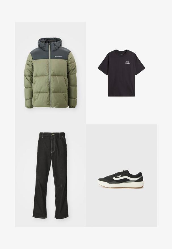 Zielona kurtka puchowa z czarnym kapturem i górną częścią. Posiada zamek błyskawiczny z przodu oraz elastyczne mankiety, wykonana z lekkiego, teksturowanego materiału.; Czarna bawełniana koszulka z krótkim rękawem, okrągłym dekoltem i grafiką z przodu, na której znajduje się tekst „VANS OFF THE WALL” w kolorze białym.; Czarne dżinsy o luźnym kroju, z kontrastującymi białymi szwami, z zapięciem na guzik i prostą nogawką.; Czarne trampki z białymi akcentami, z gładką syntetyczną cholewką, okrągłym kształtem i gumową podeszwą, zestawione z jasnobeżowymi spodniami.