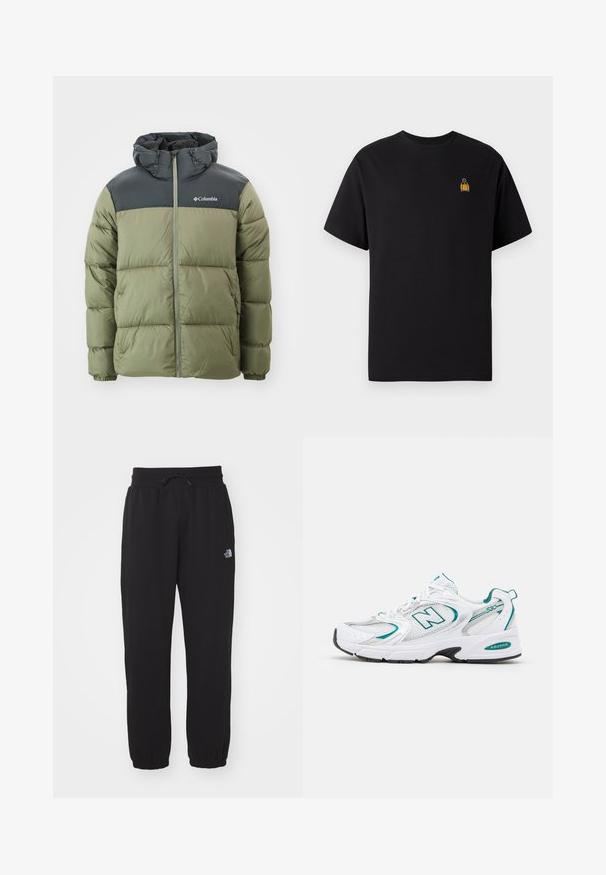 Zielona kurtka puchowa z czarnym kapturem i górną częścią. Posiada zamek błyskawiczny z przodu oraz elastyczne mankiety, wykonana z lekkiego, teksturowanego materiału.; Czarny bawełniany t-shirt z krótkimi rękawami, okrągłym dekoltem i małym żółtym haftowanym wzorem na lewej piersi.; Czarne dresy wykonane z miękkiego materiału, z elastycznym pasem w talii ze sznurkiem, zakończeniami w mankiety i małym logo na górnej części uda.; Białe buty sportowe z siateczkowymi i syntetycznymi panelami, turkusowymi akcentami, okrągłym noskiem, sznurowanym przodem oraz czarną gumową podeszwą.