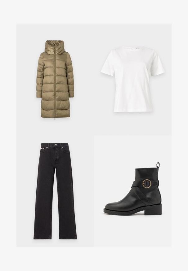 Doudoune kaki avec un col haut et une fermeture éclair sur le devant, présentant un design matelassé horizontal et une texture lisse.; T-shirt en coton blanc à manches courtes, col rond et coupe décontractée. Texture lisse, sans motifs ni accents, design minimaliste.; Jeans noirs à jambes larges en denim, avec une taille haute, une coupe à cinq poches et une fermeture à bouton en métal avec des coutures contrastantes.; BOSS IRYNA BOOTIE - Bottines à plateau - black