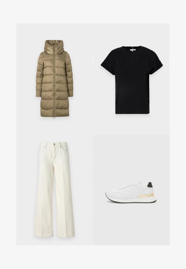 Casaco de puffer bege com gola alta e fecho frontal completo, apresentando um design acolchoado horizontal e textura suave.; T-shirt preta de algodão com mangas curtas dobradas, apresentando um logotipo em relevo no centro e um pequeno detalhe de bandeira na lateral.; Calças jeans brancas de perna larga, feitas de tecido de algodão misto. Apresentam fecho de correr, design de cinco bolsos e costura ao longo das costuras.; Sneaker branco com acabamento liso, apresentando um detalhe preto no calcanhar e um detalhe metálico dourado na entressola. Design com cadarço, sola de borracha.
