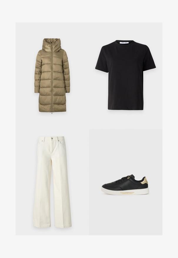 Doudoune kaki avec un col haut et une fermeture éclair sur le devant, présentant un design matelassé horizontal et une texture lisse.; T-shirt noir à manches courtes en coton doux, avec un col rond, une coupe décontractée et une texture lisse. Pas de motifs ni de graphiques visibles.; Jean blanc à jambes larges en tissu mélangé de coton. Caractéristiques : fermeture à glissière, format cinq poches et coutures le long des coutures.; Baskets en cuir noir avec une texture lisse, semelle en caoutchouc blanche, accents dorés sur le talon et les œillets, arborant un logo sur le côté.