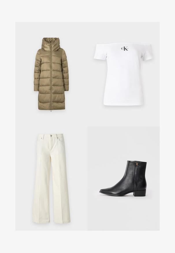 Doudoune kaki avec un col haut et une fermeture éclair sur le devant, présentant un design matelassé horizontal et une texture lisse.; T-shirt blanc à épaules dénudées, manches courtes, en coton, avec un logo "CK" noir et du texte imprimé sur le devant. Texture lisse.; Jean blanc à jambes larges en tissu mélangé de coton. Caractéristiques : fermeture à glissière, format cinq poches et coutures le long des coutures.; Bottines en cuir noir avec un bout pointu, texture lisse, petit talon carré et un logo doré sur le côté.